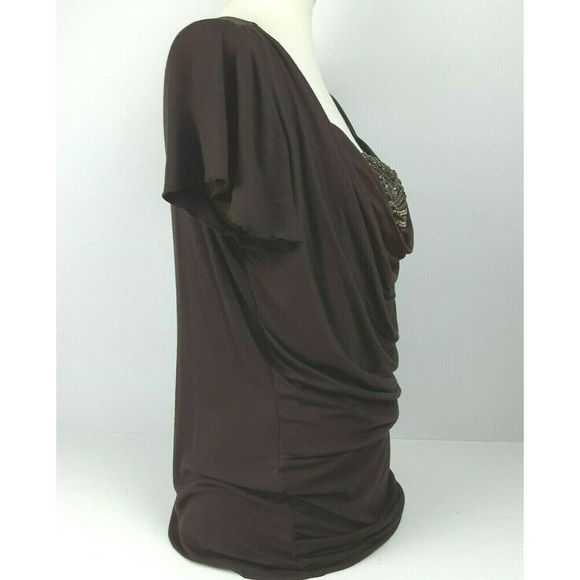 Vintage ALYX Brown Studded Sequin Stretchy Drape Neck Blouse Top XL - Picture 5 of 8